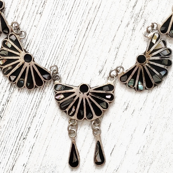 Mexico Sterling Black Onyx, MOP, Abalone Necklace. - Picture 3 of 16